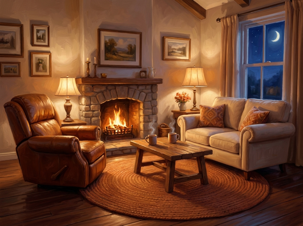 Dad's living room at night: a leather recliner and a love seat facing each other beside a lit stone fireplace, two drinks waiting on the coffee table